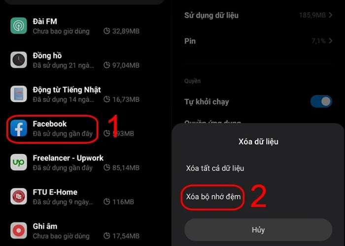 Nhấn chọn vào "Xóa bộ nhớ đệm"