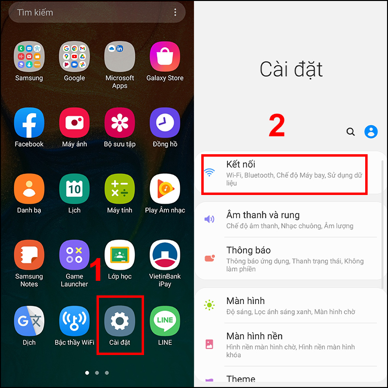 Truy cập Cài Đặt -> Kết nối