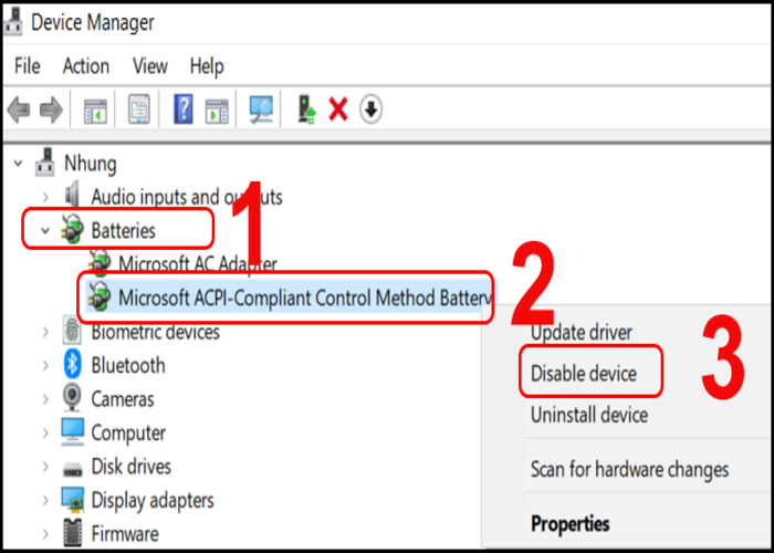 Nhấn chuột phải vào "Microsoft ACPI-Compliant Control Method Battery"