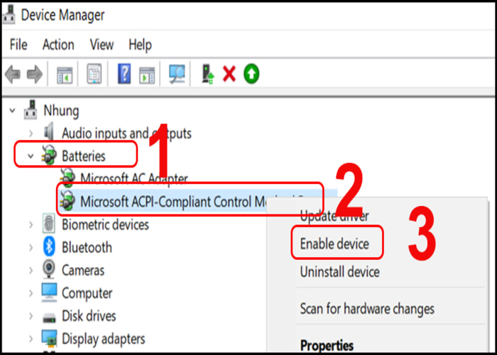 Tùy chọn "Enable device” nhấn vào nó để bật lại