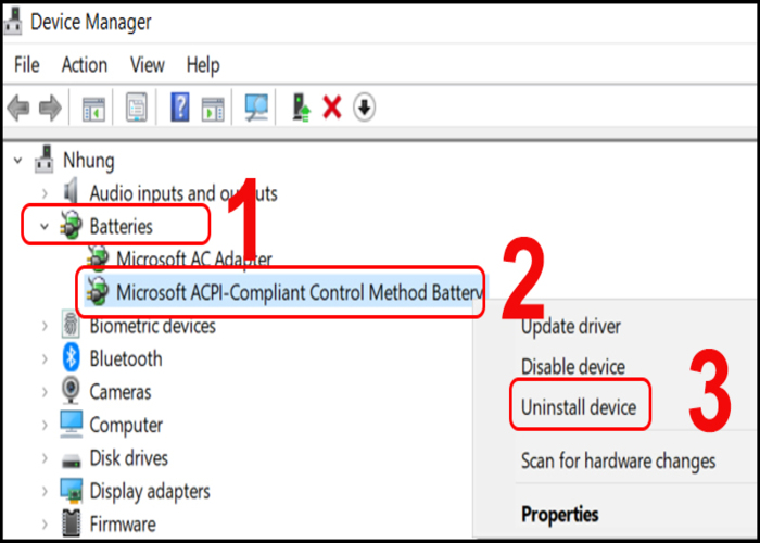 Chọn "Batteries" nhấn chuột phải "Microsoft ACPI-Compliant Control Method Battery"