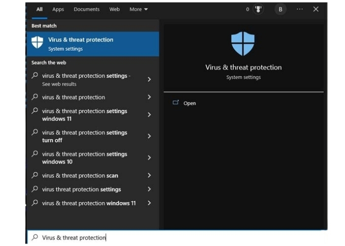 Nhập và tìm “Virus & threat protection”