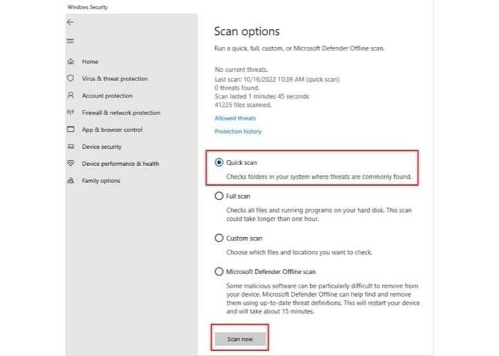 Nhấn Scan now để tiến hành quét hệ thống