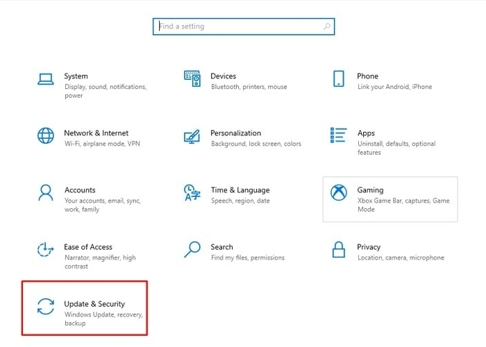 Mở cửa sổ Settings và chọn “Update & Security”