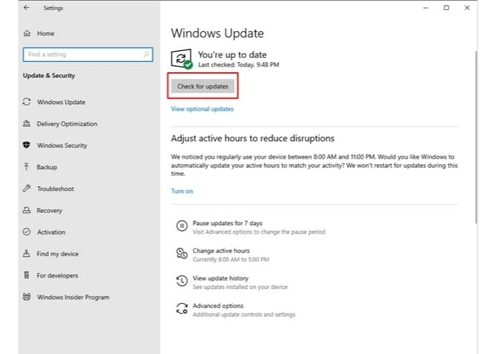Nhấn “Check for updates” để cập nhật bản Windows mới