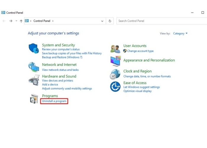 Nhấp vào tùy chọn “Uninstall a Program”