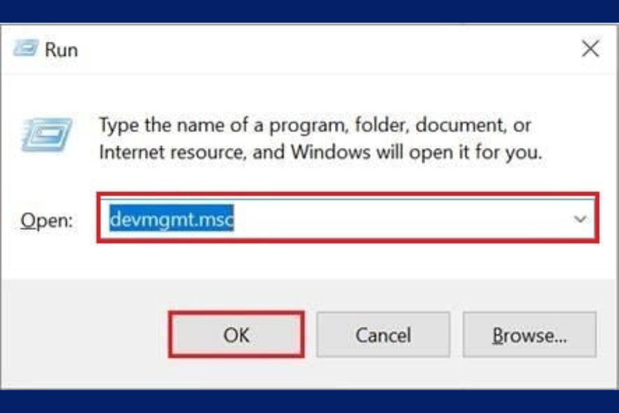 Nhập mã "devmgmt.msc" tại hộp thoại Run