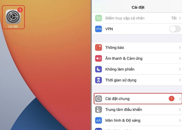Chọn "Cài đặt" rồi chọn tiếp "Cài đặt chung"