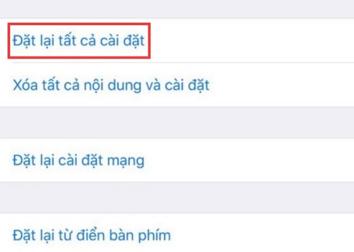 Tùy chọn "Đặt lại tất cả cài đặt" hoặc "Xóa