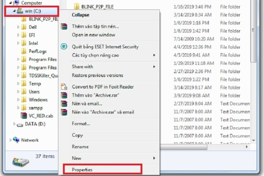 Nhấn chọn "Properties" trong ổ đĩa C