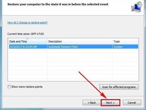 Hướng dẫn cách reset laptop Win 7 bằng điểm khôi phục trước đó