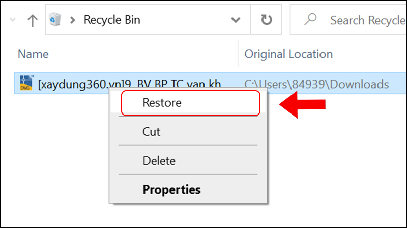 Restore trong Recycle Bin