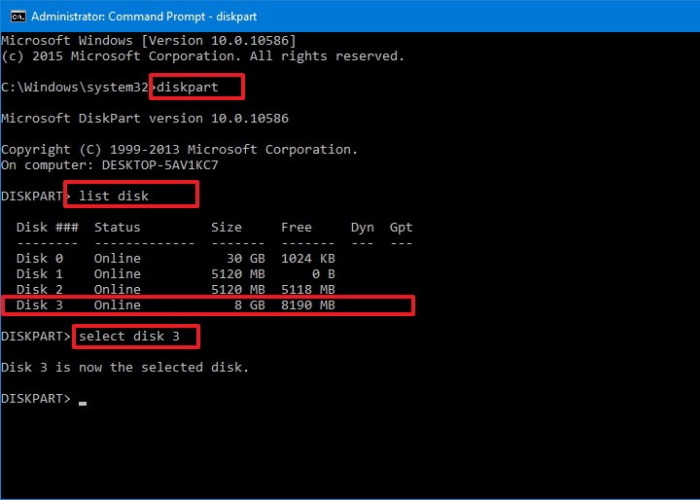 Tiếp theo, chọn ổ cứng di động bằng lệnh "select