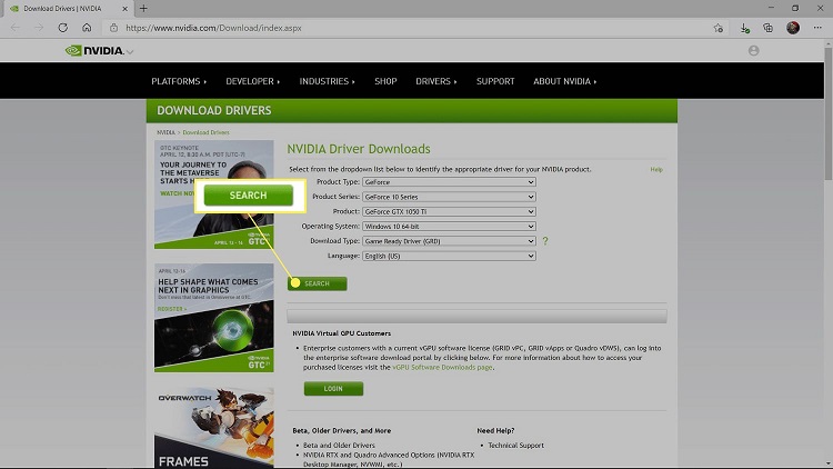 Truy cập trang web NVIDIA để tải driver phù hợp