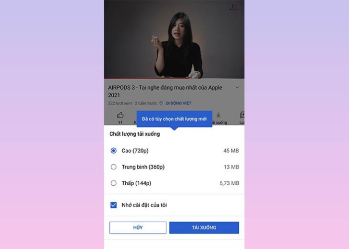 Tùy chọn vào độ phân giải