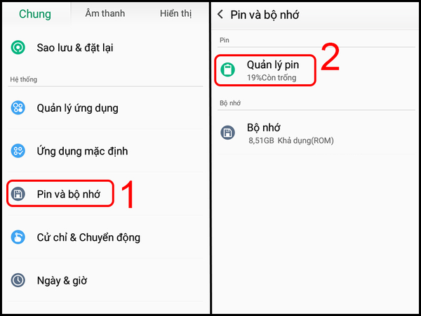Vào "Cài đặt" -> Chọn "Pin và bộ nhớ" ->