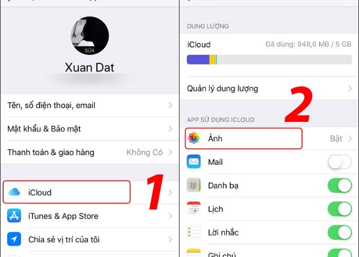 Tiếp tục chọn "iCloud" rồi tùy chọn "Ảnh"