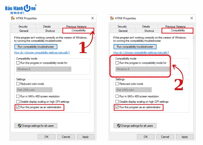 Mở Compatibility và tích chọn theo hướng dẫn