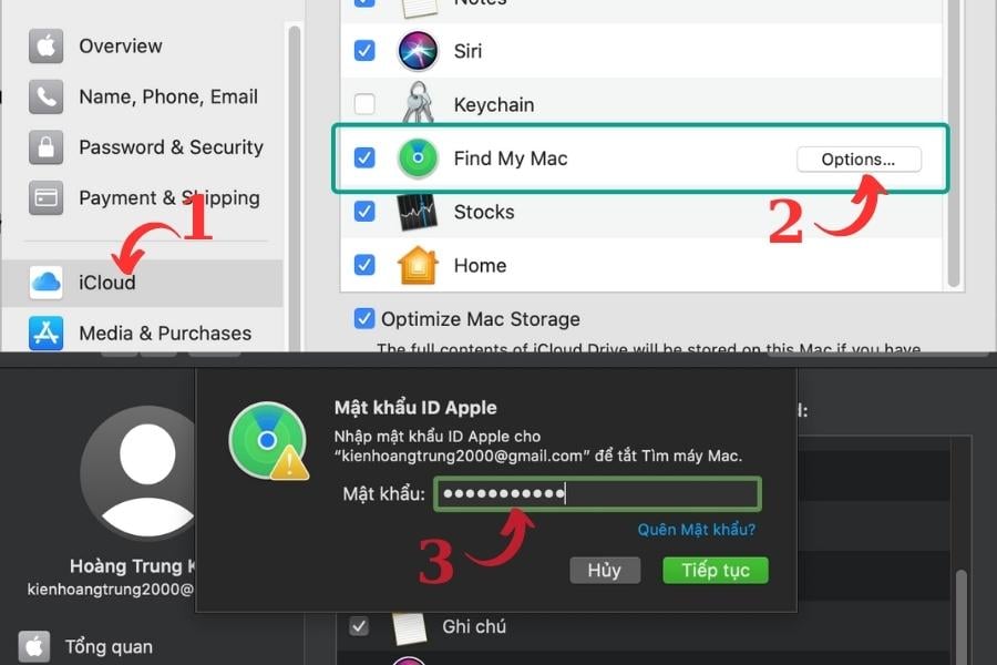 Sau khi nhấn vào nút "Options", bạn hãy tắt "Find My Mac"