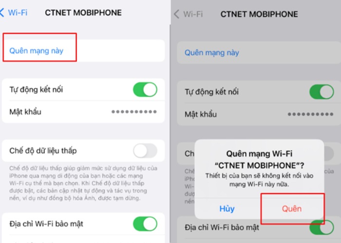Nhấn vào "Quên" để kết nối lại mạng