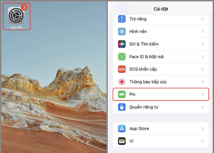 Vào "Cài đặt" chọn mục "Pin"