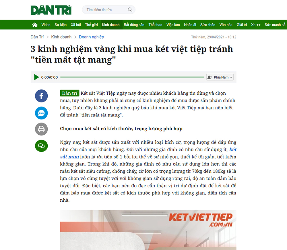 Báo Dân Trí: 3 kinh nghiệm vàng khi mua két việt tiệp tránh 