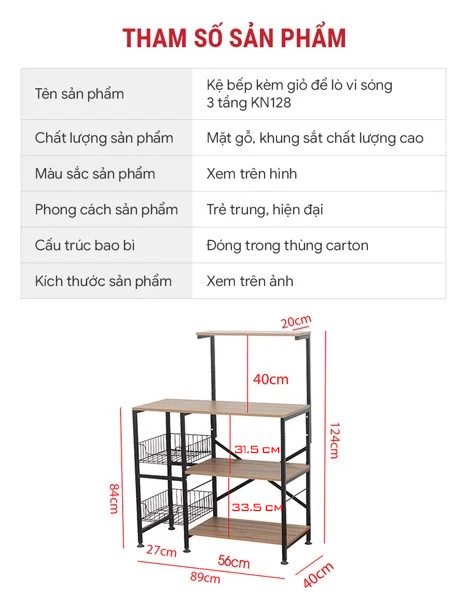 Kệ lò vi sóng KN-128 - Thông số, kích thước