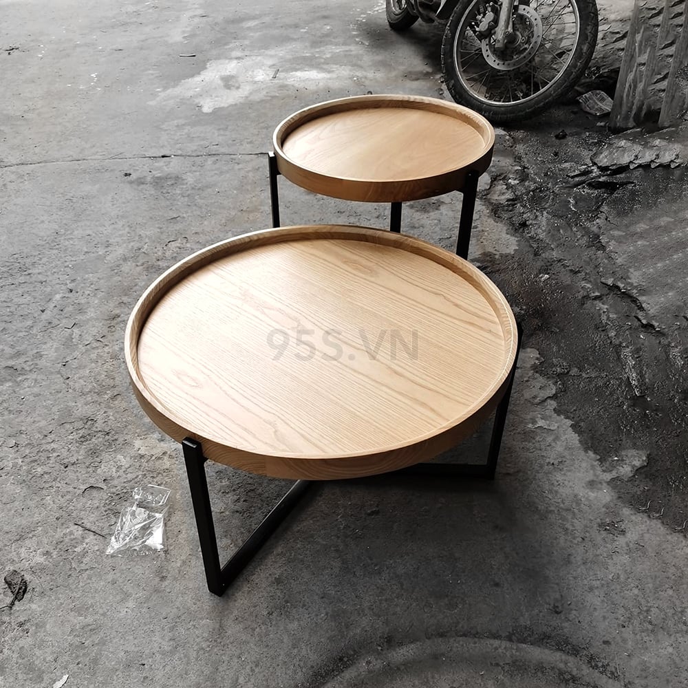 Thanh lý bàn cafe tròn cũ, mặt gỗ, chân sắt - BCFC74