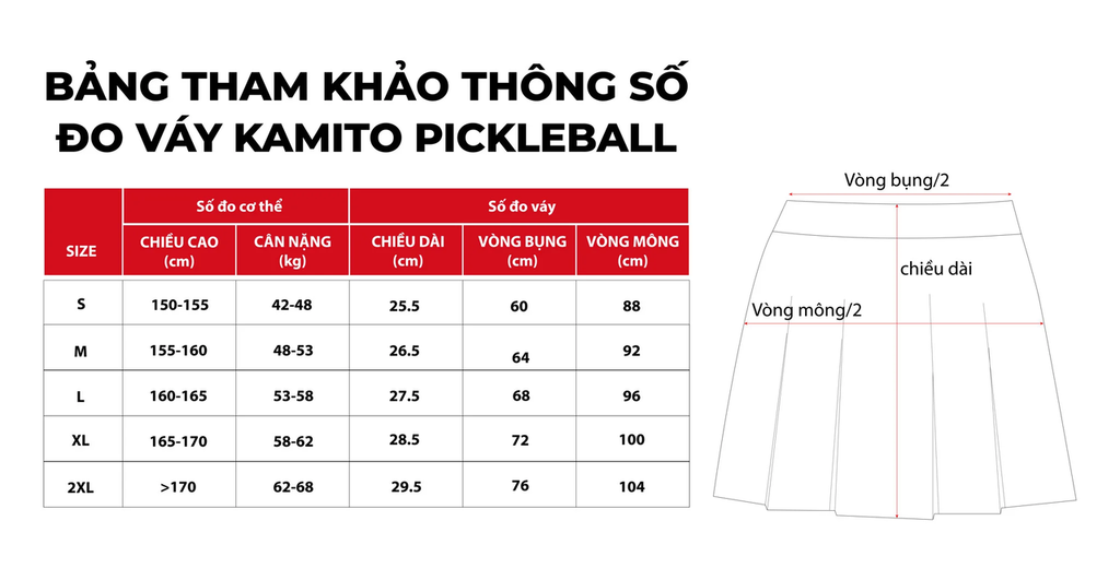 BẢNG SIZE CHÂN VÁY PICKLEBALL KAMITO TIAMO