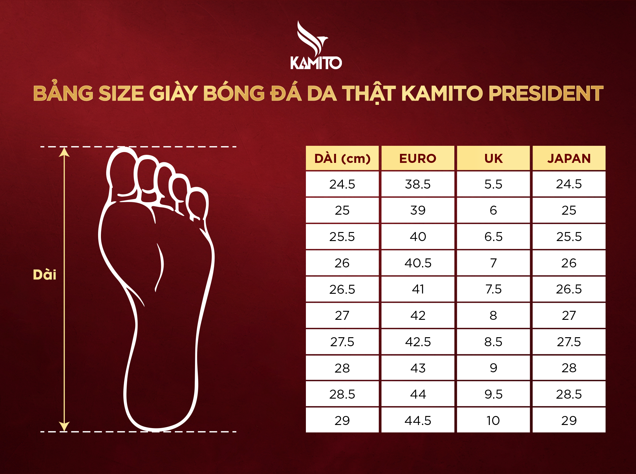 Bảng size giày bóng đá sân cỏ nhân tạo Kamito President