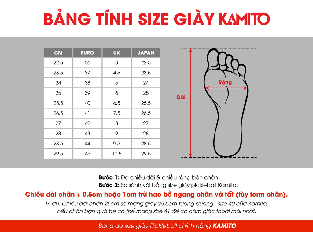 BẢNG SIZE GIÀY KAMITO PICKLEBALL ALL COURT
