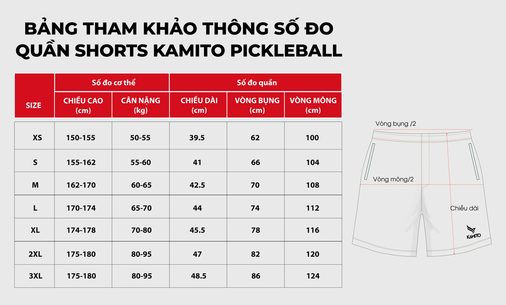 BẢNG SIZE Quần Shorts Pickleball Kamito 01