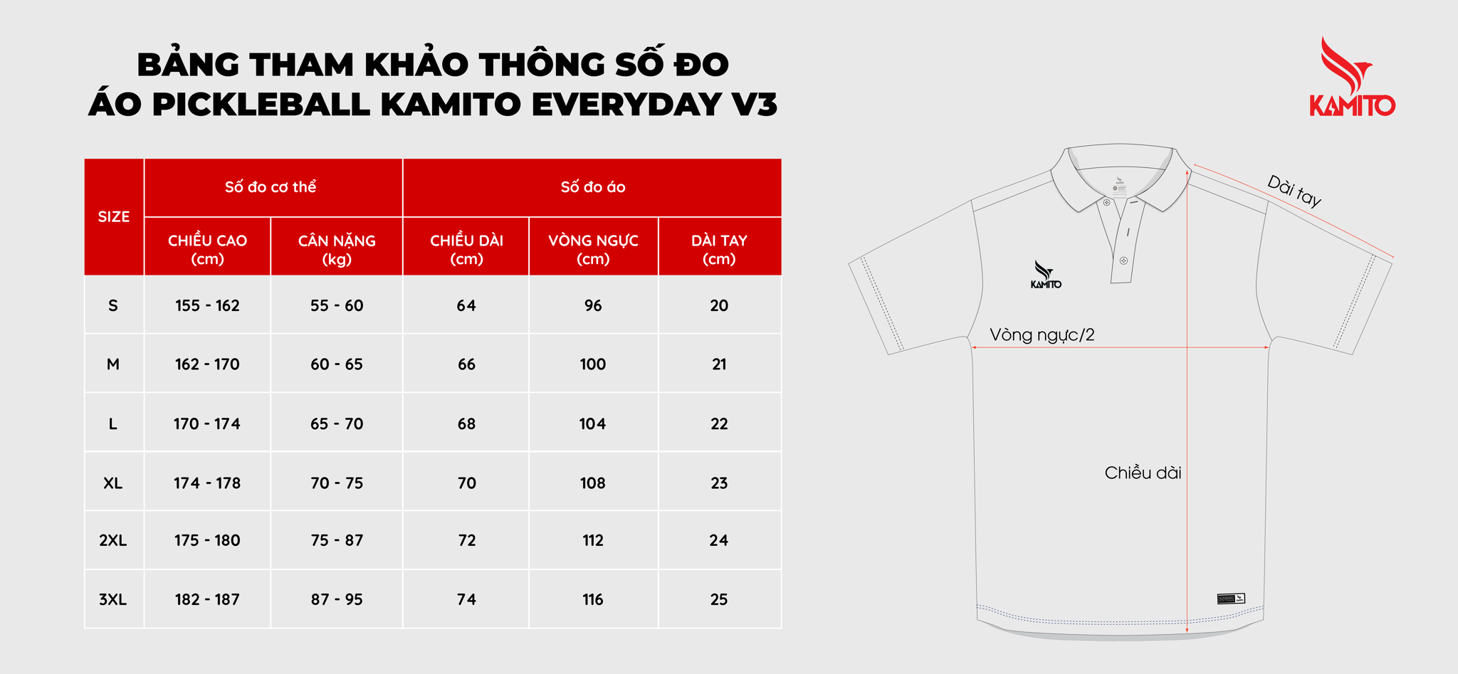 BẢNG SIZE ÁO THỂ THAO PICKLEBALL KAMITO EVERYDAY V3