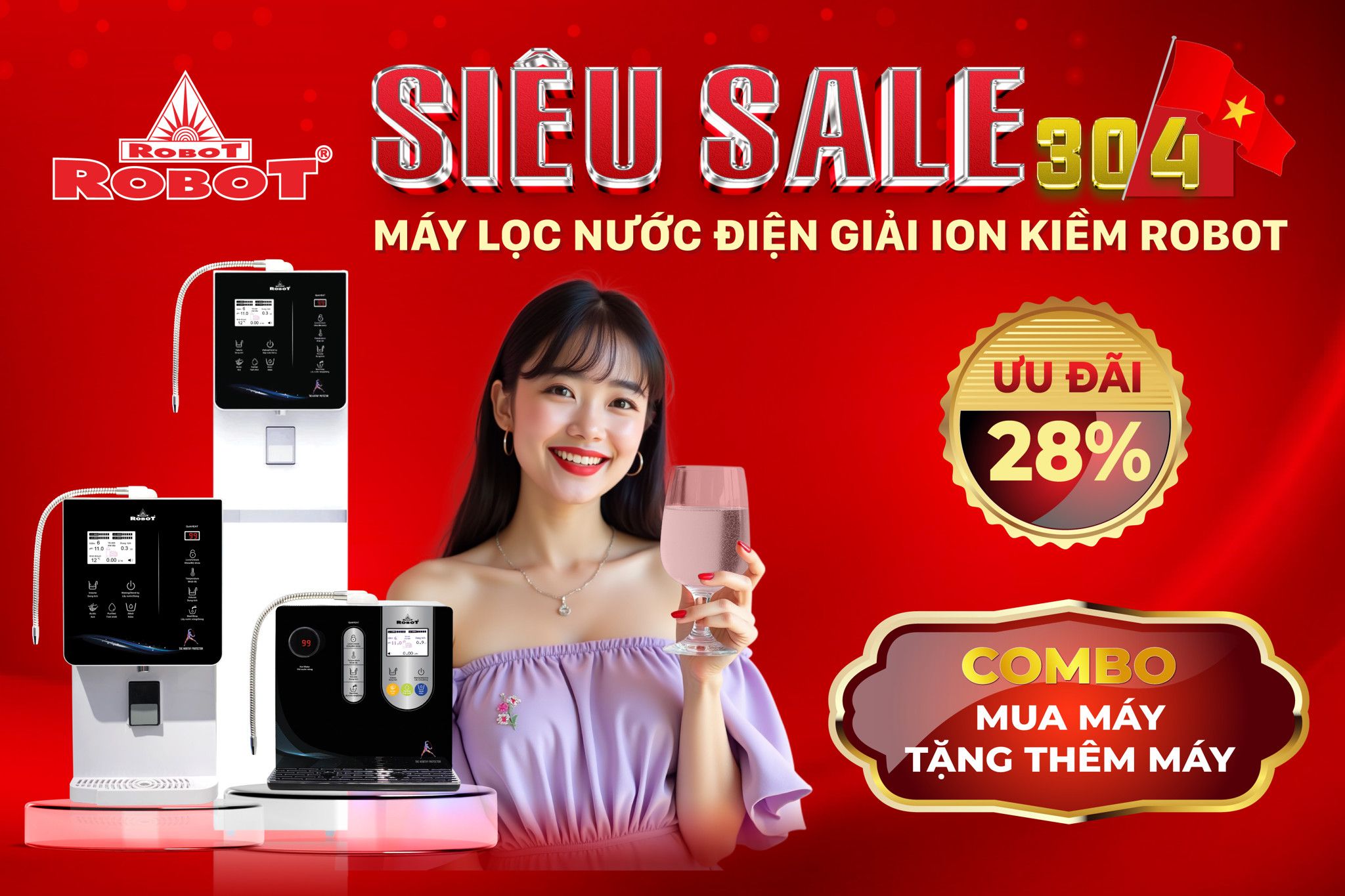 Siêu Sale 30/4| Máy lọc nước điện giải ion kiềm ROBOT - Combo mua máy tặng thêm máy!