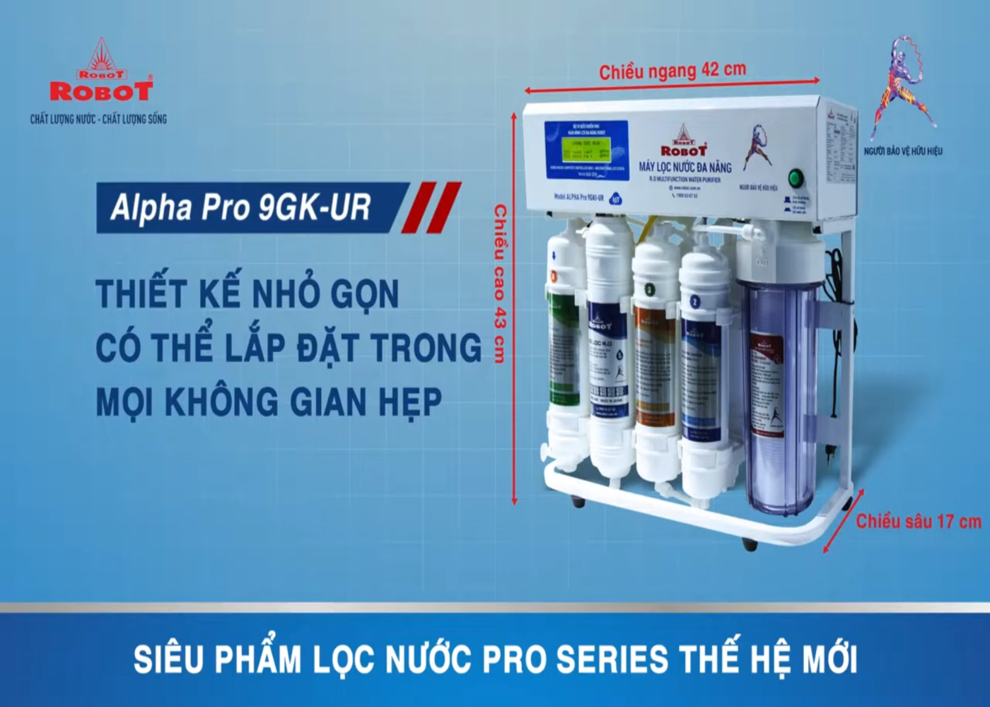 Máy lọc nước ROBOT không tủ để gầm siêu nhỏ gọn thông minh, thế hệ mới với 2 màng lọc UF + R.O