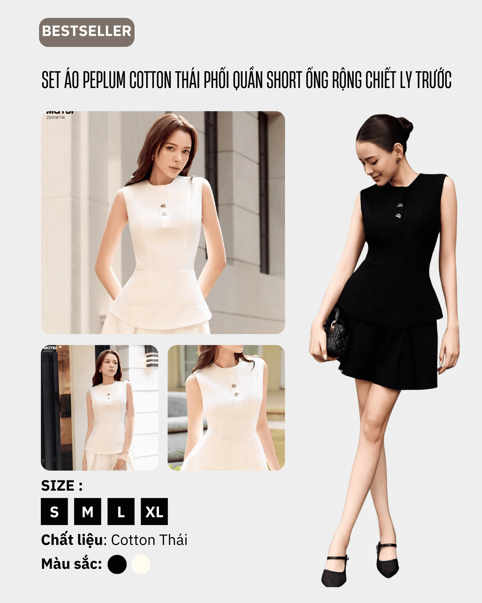 Set-Áo-Peplum-Cotton-Thái-Phối-Quần-Short-Ống-Rộng-Chiết Ly-Trước-Maybi