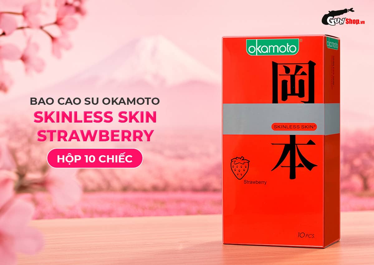 Bao cao su Okamoto Skinless Skin Strawberry hương dâu chính hãng tại Gunshop