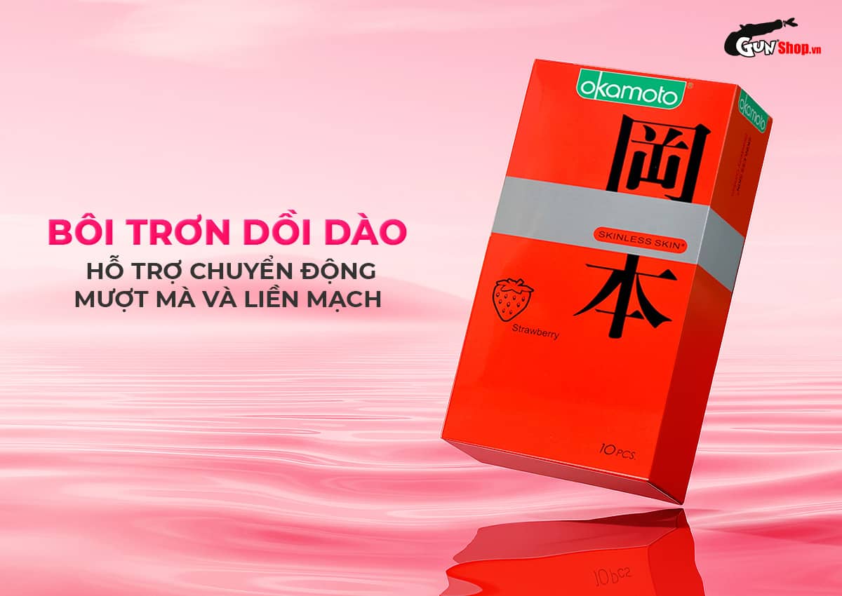 Bao cao su Okamoto Skinless Skin Strawberry hương dâu chính hãng tại Gunshop