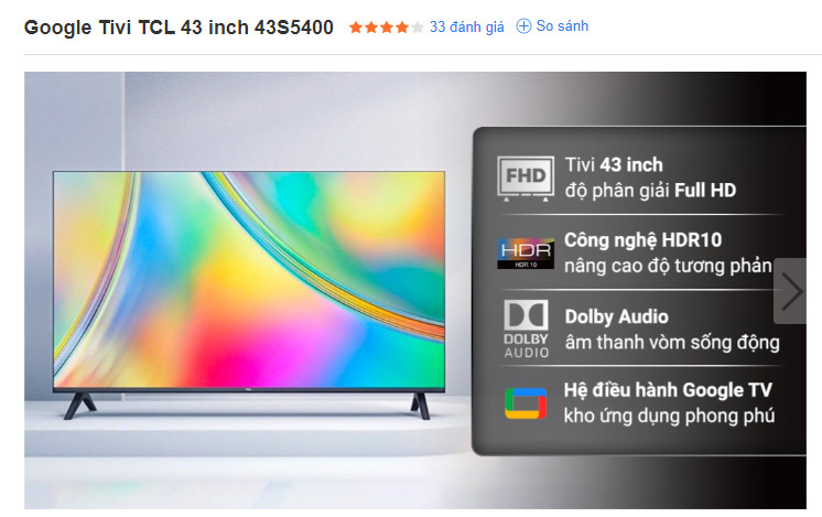 Thông số kỹ thuật Google Tivi TCL 43 inch 43S5400