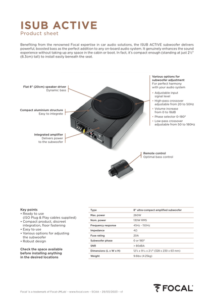 FOCAL ISUB ACTIVE 2.1 Amplifier User Manual