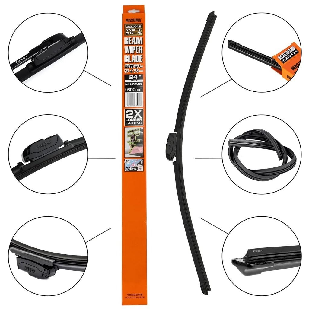 Dải cỡ gạt mưa Masuma Silicone Beam từ 14 đến 30 inch trong vỉ màu cam của hãng