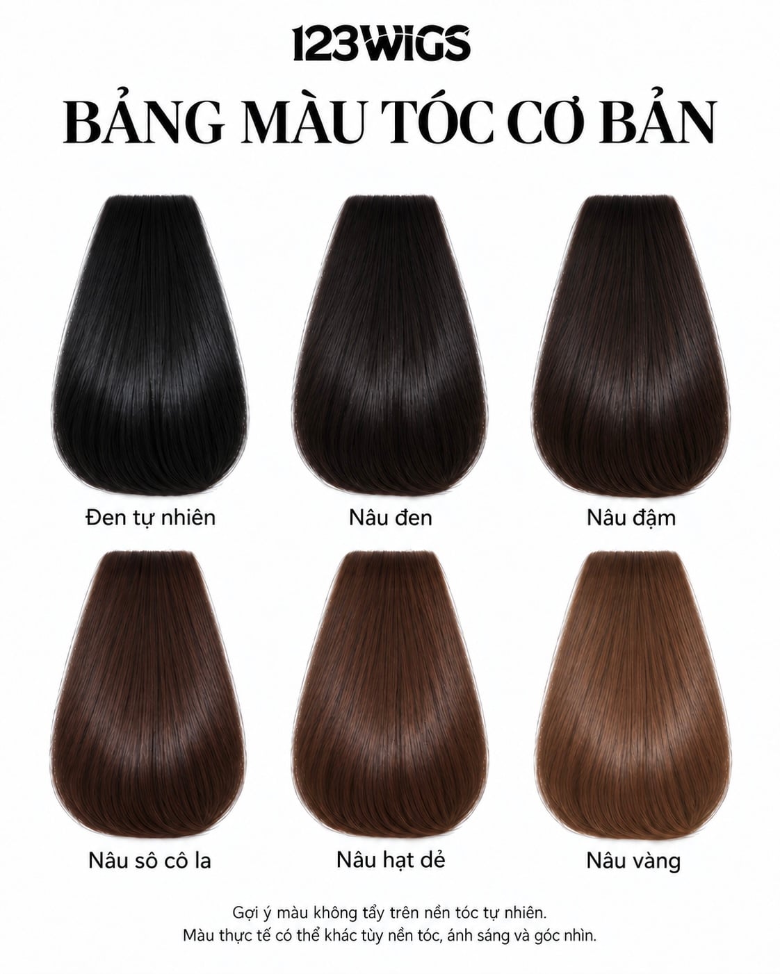 Bảng màu tóc cơ bản 123WIGS: Đen tự nhiên, Nâu đen, Nâu đậm, Nâu sô cô la, Nâu hạt dẻ, Nâu vàng