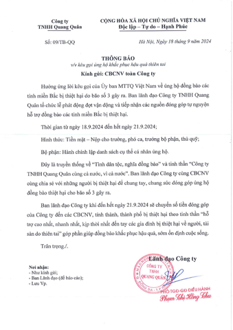 Chung tay ủng hộ bão số 3 - Công ty TNHH Quang Quân