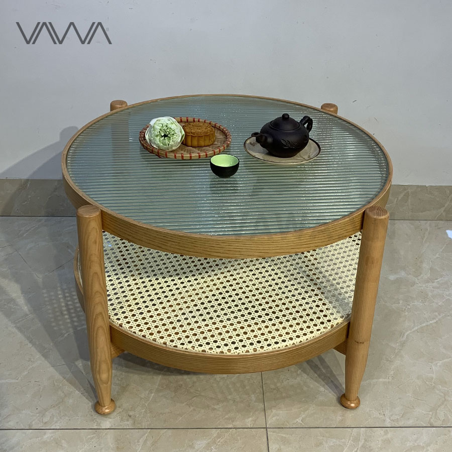 Bàn trà sofa khung gỗ 2 tầng mặt kính sóng - Bàn trà Rustic Bắc Âu