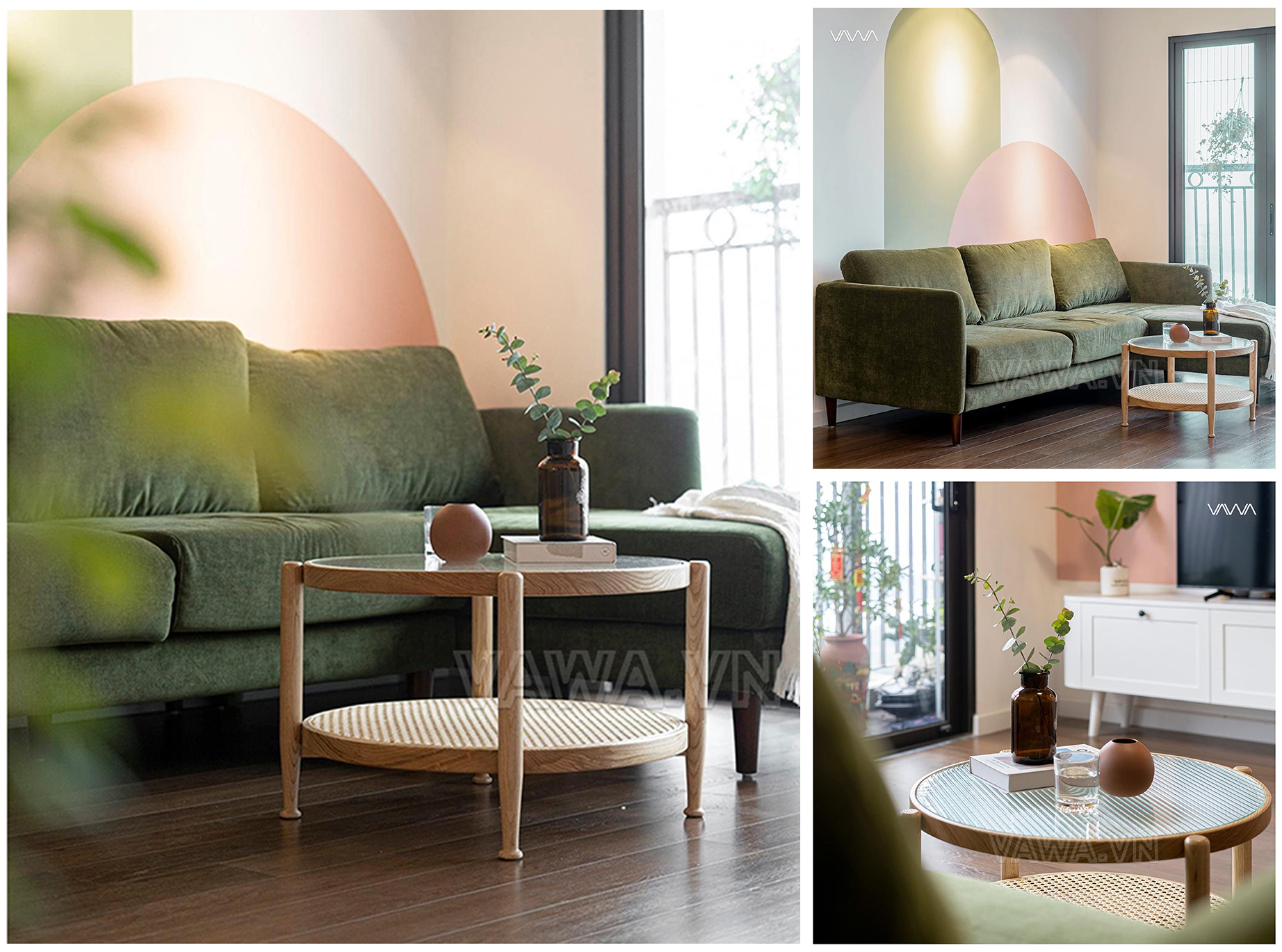 sofa xanh lá và bàn trà 2 tầng mặt kính sóng - vawa