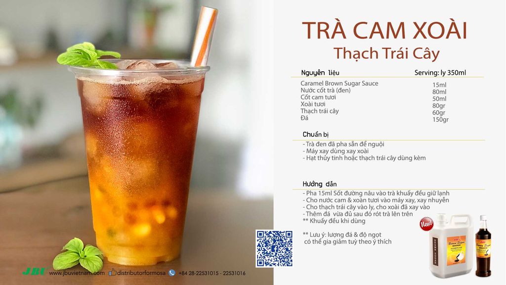 Trà Cam Xoài Thạch Trái cây với syrup Đường Nâu