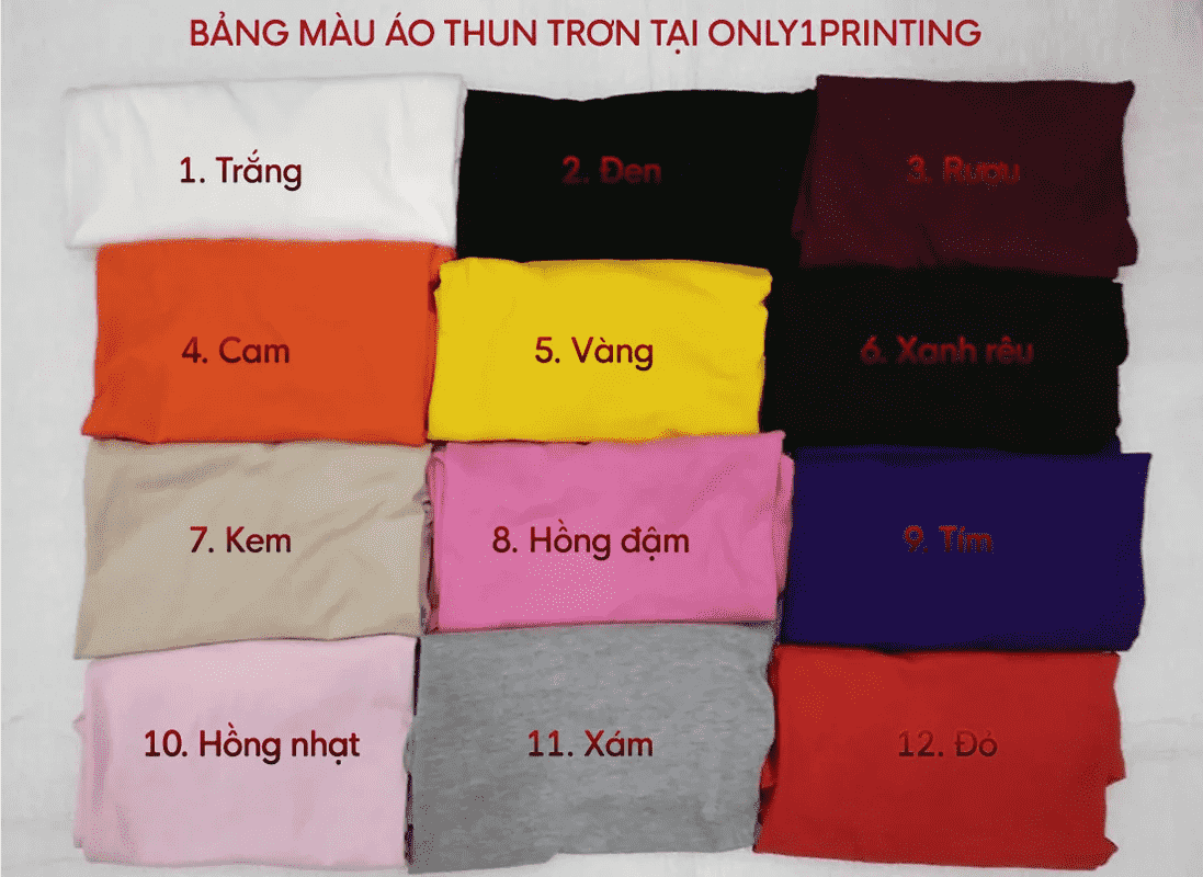 Bảng màu vải áo thun trơn tại Only1printing