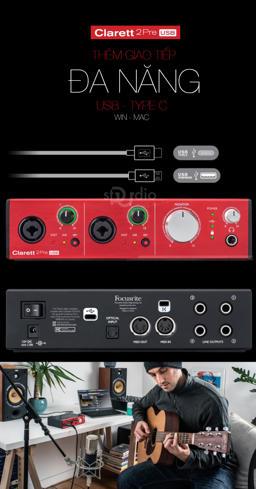 Soundcard Focusrite Scarlett 2Pre USB - Interface thu âm cao cấp