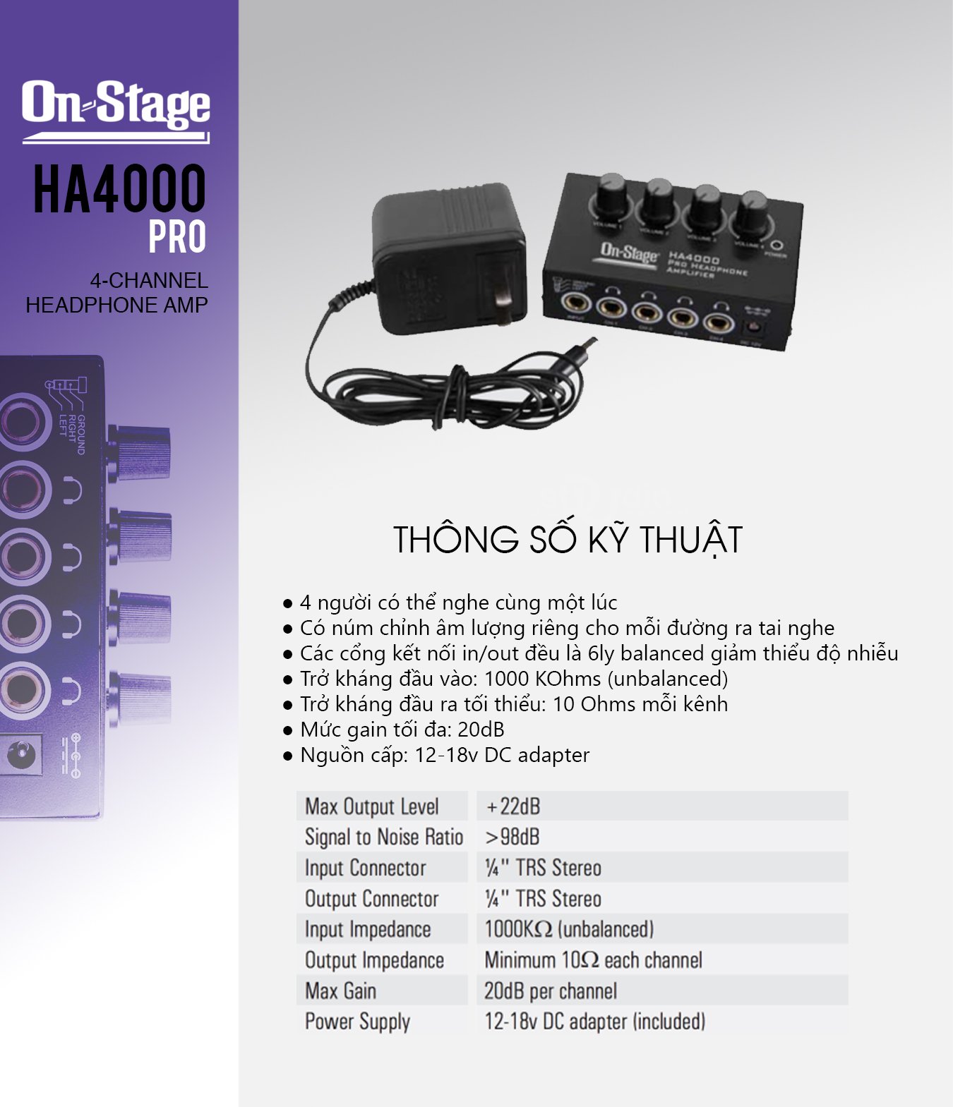 Thiết bị chia tai nghe On-Stage HA4000 4-Channel Headphone Amp