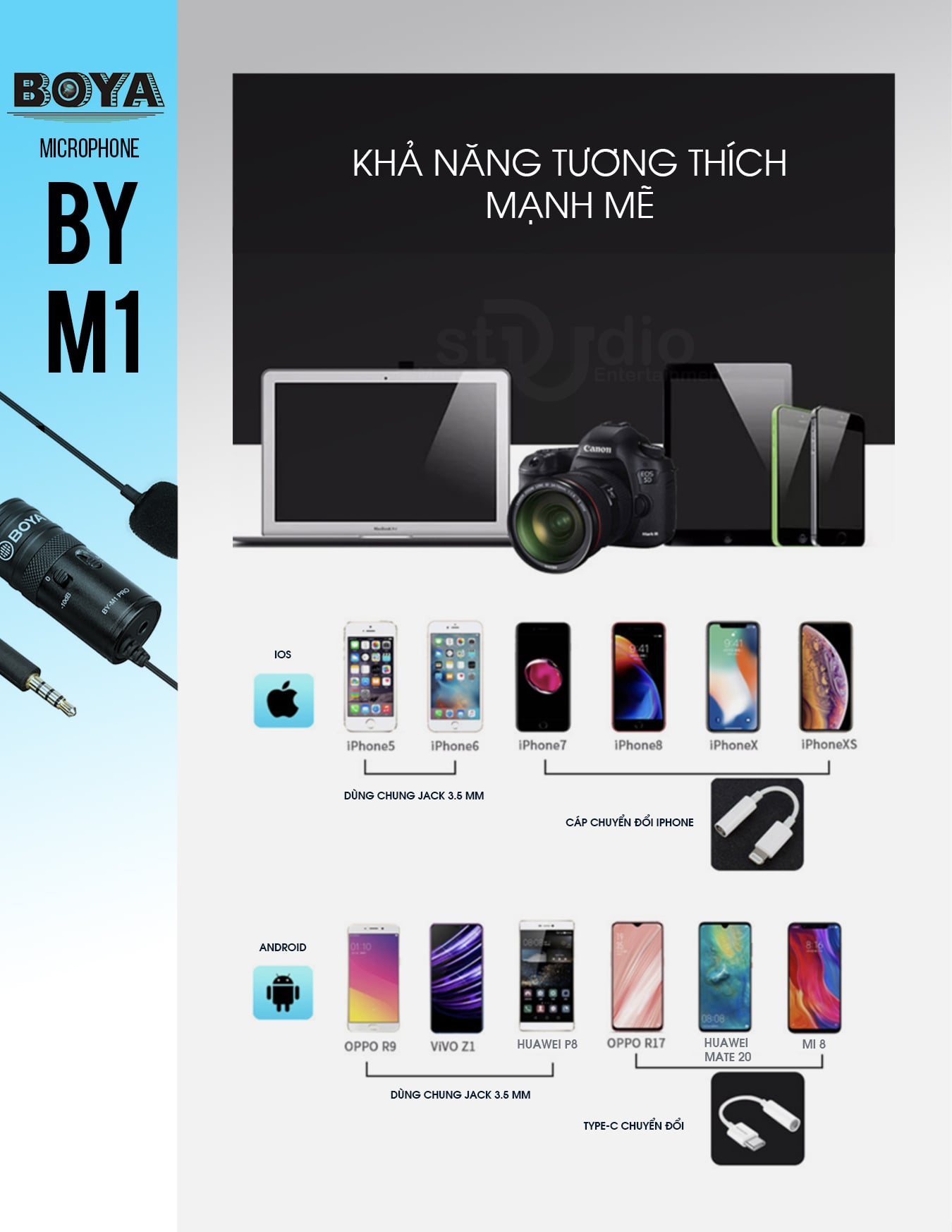 Microphone Boya By-M1, Mic cài áo thu âm máy quay, điện thoại